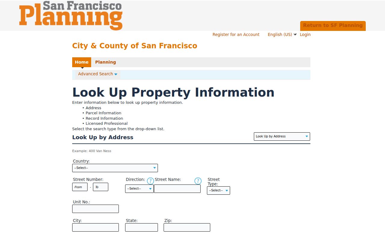 San Francisco records search property lookup fields in Accela