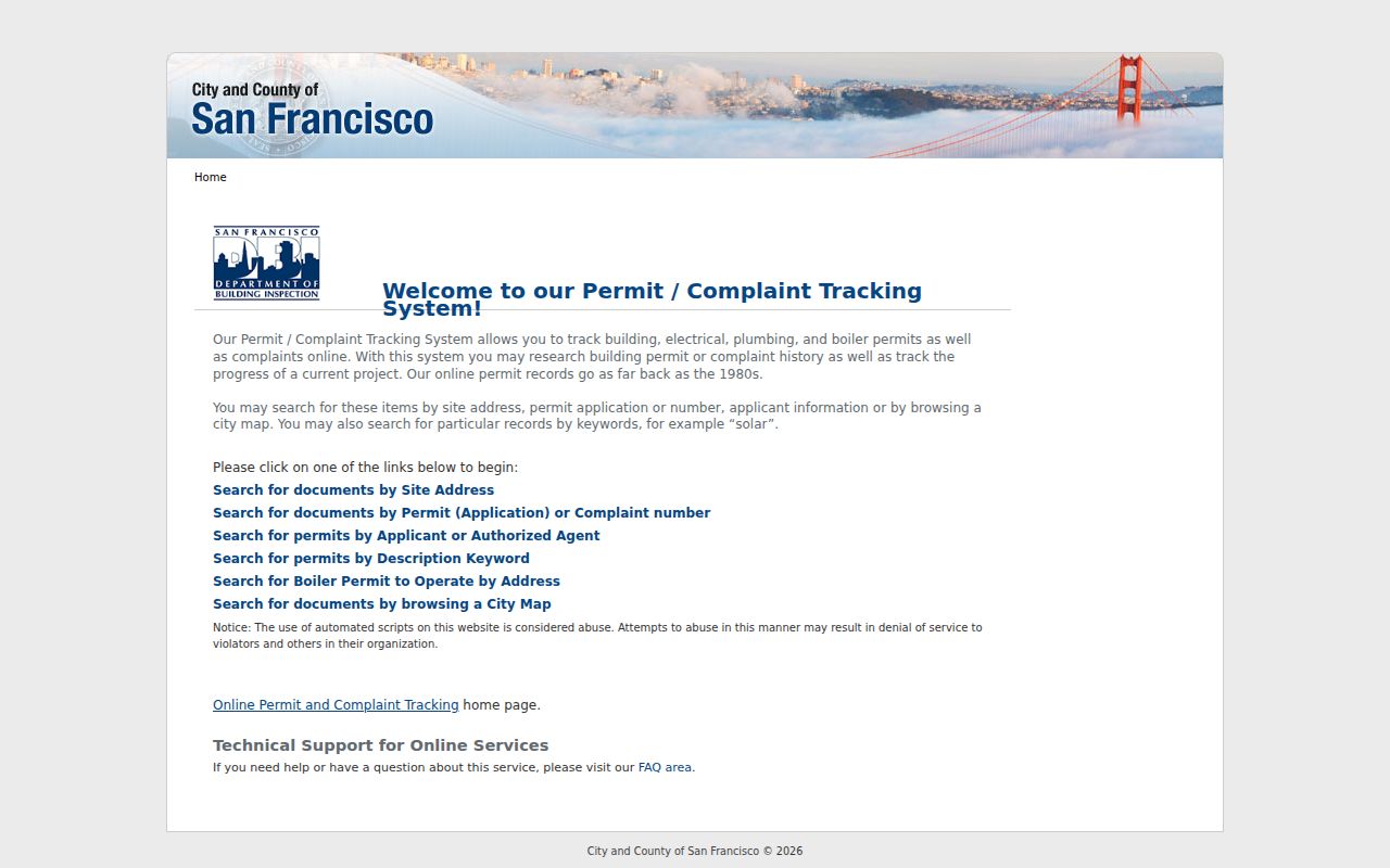 San Francisco records search permit and complaint tracking page