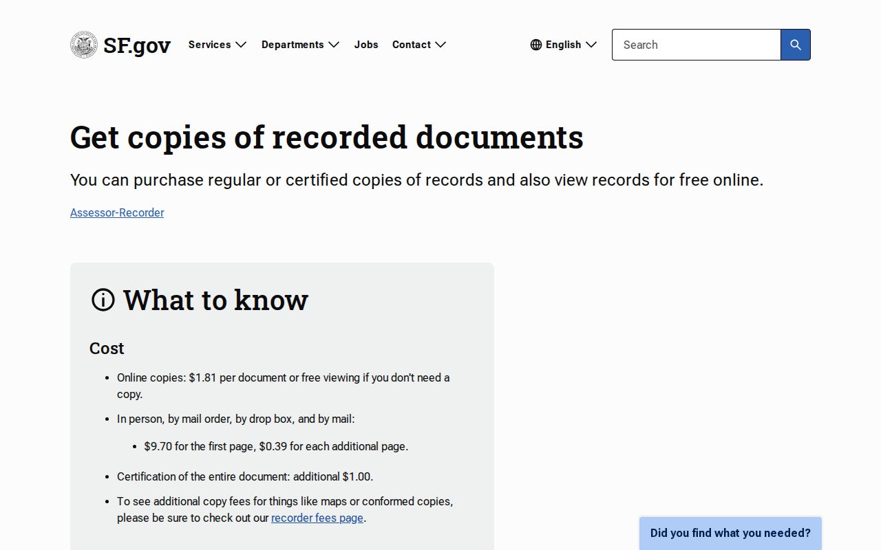 San Francisco records search copy instructions for recorded documents